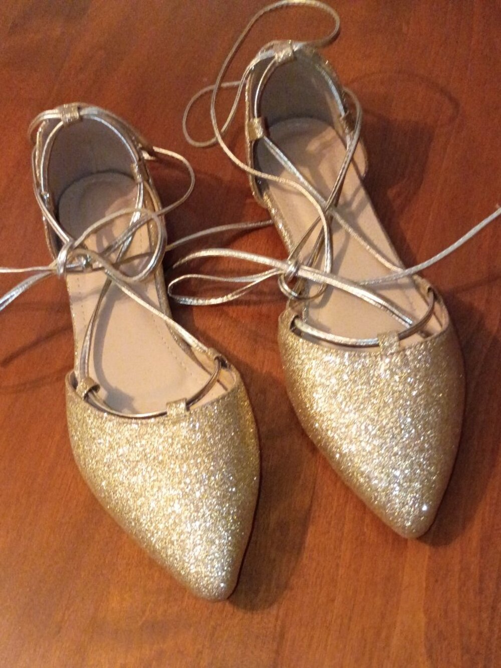 Glitter Gold Flat pointed toe Women's shoes with roman laces